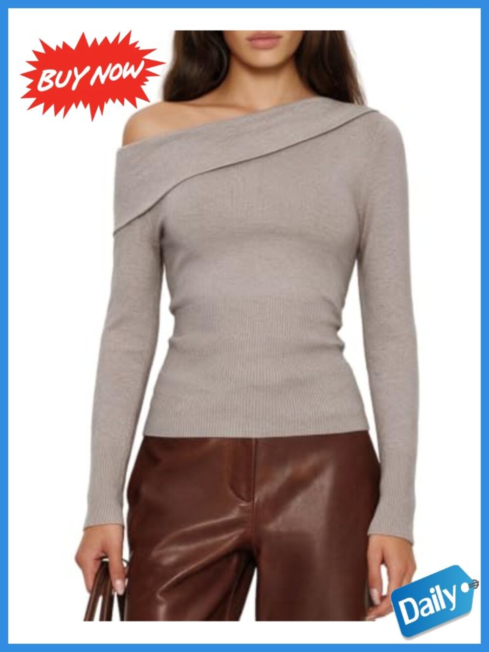 Cashmere Blend Off Shoulder Sweater Asymmetric Neck Long Sleeve